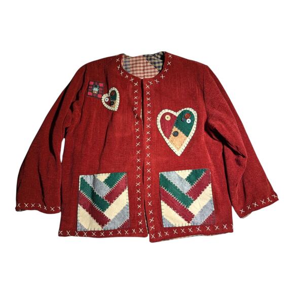 Vtg 1990s Country Lace Red Chenille Heart Applique Open Front Cardigan Sz XL - Picture 1 of 5